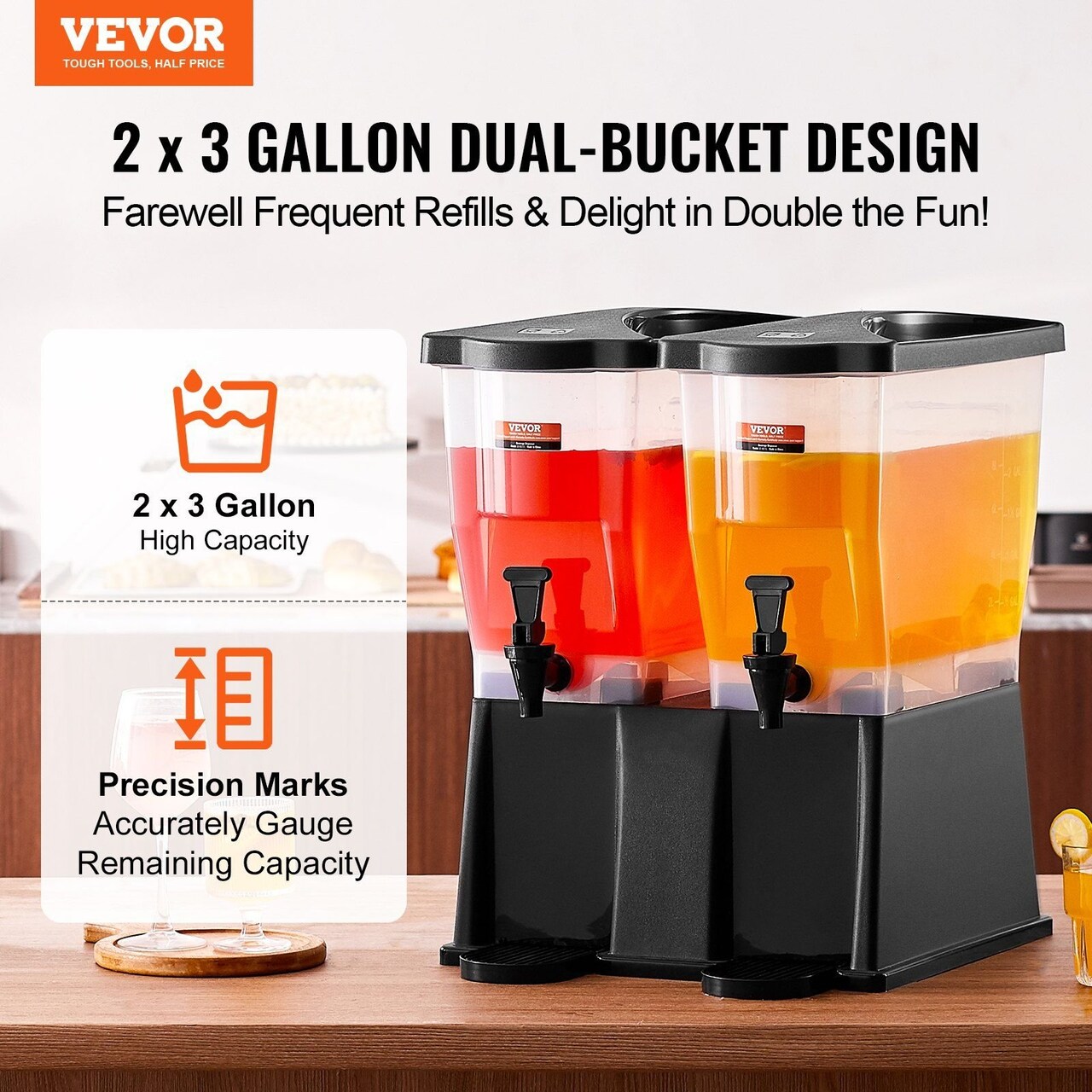 VEVOR-3 Gallon x 2-Orange-Dual-Bucket Beverage Dispenser for Parties and Events-1 Piece